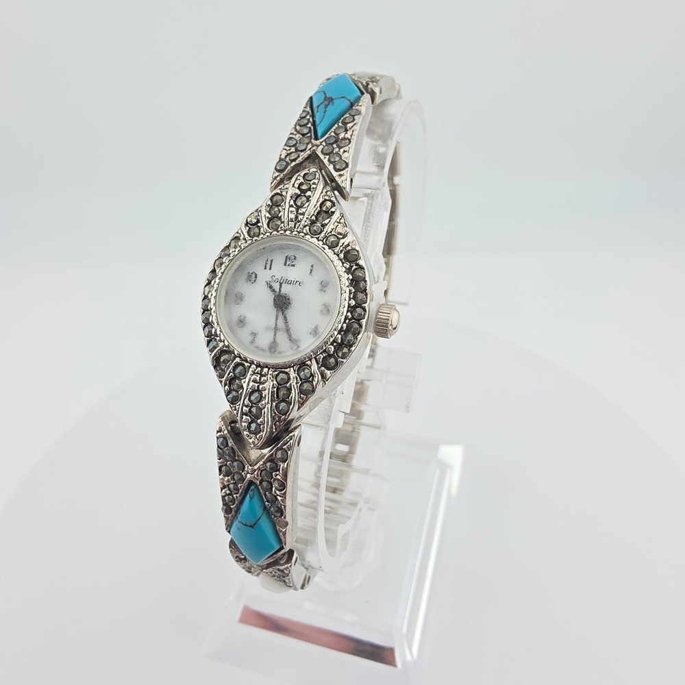 Vintage SOLITAIRE Ladies Watch Marcasite Faux Turquoise Stones Stretch Band 6.5"